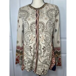 IVKO Woman Jacquard Sweater Jacket Beige Cotton Cardigan‎ Size 38 / 8 Full Zip